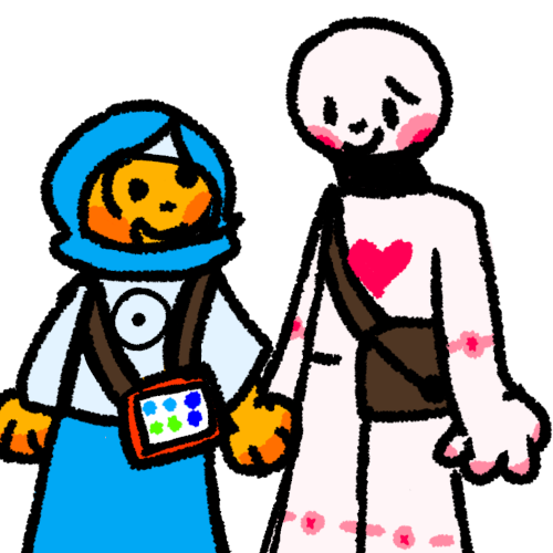 a yellow person wearing a blue hijab, a long sleeve light blue shirt, and a long blue skirt, with the disability sun on their shirt holding the hand of a taller white person with a pink heart on their chest. The yellow person has an aac device strapped on while the Caregiver has a brown bag.